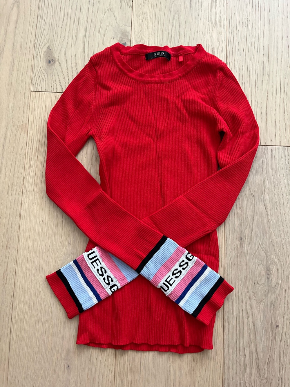 GUESS Los Angeles Red Ribbed Knit Long Sleeve Top